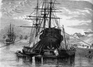 Oprava lodi (parník „Vera Cruz“): zvedneme zadní část, abychom umístili objevenou šroubovici. 1863. Rytina v „“ Le Monde Illustré““ č. 320 ze dne 30. května 1863. od French School