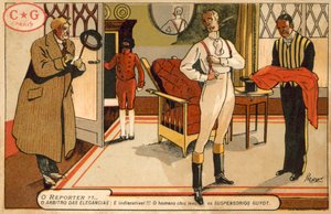 Reportér zpovídá oblékajícího se gentlemana (chromolitho) od French School