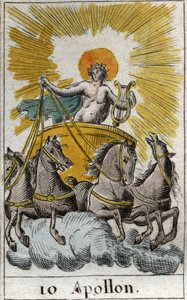 Znázornění Apollóna, boha zpěvu, hudby a poezie, na jeho voze (Apollo, Bůh světla, hudby, poezie). Z „Mytologie mládí“ od Pierra Blancharda 1803. od French School