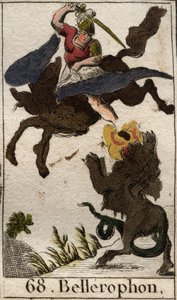 Reprezentace Bellerophona, jízda na Pegase, zabíjení chiméry (reprezentace Bellerophona, na Pegasovi, kopí Chiméru). Z „Mytologie mládí“ od Pierra Blancharda 1803. od French School