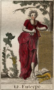 Znázornění Euterpe, múzy hudby, obklopená hudebními knihami a hrající na dvojitou flétnu (aulos) (Euterpe, múza hudby, zobrazující držení dvojité flétny (aulos)). Z „Mytologie mládí“ od Pierra Blancharda 1803. od French School