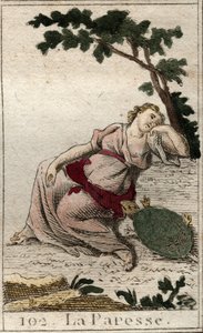 Představení lenosti, dcery Noci a spánku jako mladý muž s želvou. Z „Mytologie mládí“ od Pierra Blancharda 1803. od French School