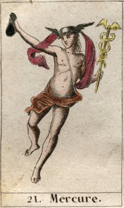 Reprezentace Merkura, boha obchodu, cestování a posla jiných bohů. Drží caduceus a nosí petase (Merkur, bůh obchodu a posel ostatních bohů, drží caduceus a nosí petasos). Z „Mytologie mládí“ od Pierra Bla od French School