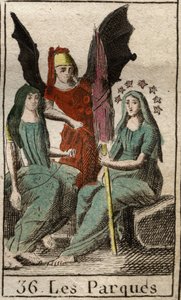 Znázornění Parques (Cabinets), Clotho, Lachesis a Atropos, božstev lidského údělu, od narození do smrti, jako pradící se velmi staré ženy. (Parcae, Clotho, Lachesis a Atropos, personifikace lidského údělu, reprezentované jako předení stařeny). Z od French School
