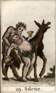Reprezentace Silene, společnice Baccha, opilá, podporovaná satyrem. (Přítel Baccha Silena, opilý, podporovaný mladým satyrem). Z „Mytologie mládí“ od Pierra Blancharda 1803. od French School