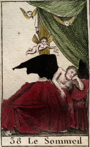 Reprezentace spánku, věčně odpočívajícího v paláci, poblíž snových křídel. (Somnus, bůh spánku, spí v paláci obklopený okřídlenými sny) Z „Mythologie de la jeunesse“ od Pierra Blancharda 1803. od French School