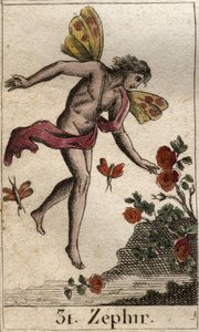 Reprezentace Zephyra, personifikace západního větru. (Zephyrus (nebo Zephyr) zosobnění západního větru). Z „Mytologie mládí“ od Pierra Blancharda 1803. od French School