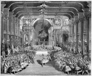 Znázornění baletu: Casino of Messina, scénografie prvního jednání „Hvězdy Messiny“ na hudbu Nicola Gabrielliho (1814-1891). Dekor realizoval Edouard Desplechin. Paříž, Theatre de l