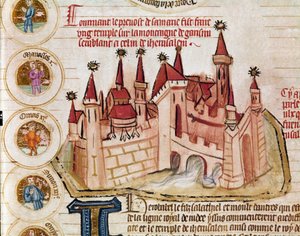 Vyobrazení opevněného města podobného Jeruzalému Stránka převzatá z rukopisu francouzské školy "Genealogie de la Bible". 14. století Cremone, biblioteca governativa od French School
