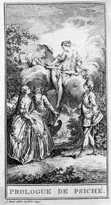 Znázornění scény kusu “”Prologue de Psyche”” od Jeana Baptista Poquelin dit Moliere (1622-1673). Rytina z roku 1740. od French School