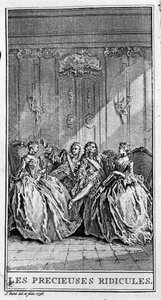 Znázornění scény díla „“drahocenné zesměšňování“ (1659) Jeana Baptista Poquelina dit Moliere (1622-1673). Rytina z roku 1738. od French School