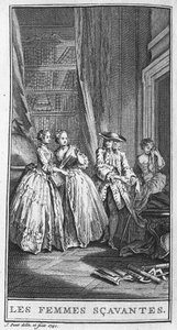 Znázornění scény hry „Les femmes savantes“ (1672) Jeana Baptista Poquelina dit Moliere (1622-1673). Rytina z roku 1740. od French School