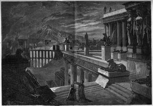 Znázornění opery: „“ Herculanum““ na libreto Josepha Meryho (1798-1866) a T. Hadota a na hudbu Feliciena Davida (1808-1876). Město Herculanum v době jeho zničení při erupci Vesuvu (poslední scéna V. dějství). A od French School