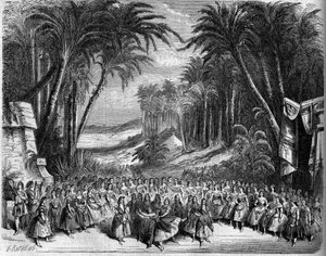 Znázornění opery: Scénografie II. dějství „Královny ze Saby““ na libreto Michela Carreho (1819-1872) a Julese Barbiera (1822-1901) a hudbu Charlese Gounoda (1818-1893). Paříž, Theatre de l