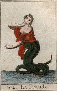 Znázornění podvádění (nečestnosti), jako nebezpečného hada s usměvavou hlavou ženy). Z „Mytologie mládí“ od Pierra Blancharda 1803. od French School