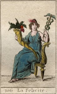Znázornění božstva Felicity (nebo Eudemonia) držícího jednou rukou listnáče a druhou roh hojnosti (Reprezentace štěstí (štěstí), jako žena držící kaduceus a roh hojnosti). Z „Mytologie mládí“ od Pierra Blanchy od French School