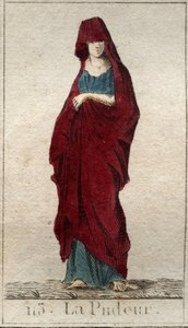 Znázornění božstva Modesty, mladé ženy s tváří zahalenou závojem. (Reprezentace Prudishness, jako žena se zahaleným obličejem). Z „Mytologie mládí“ od Pierra Blancharda 1803. od French School