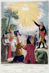 Reprezentace svobody vyznání všech náboženství udržovaná Napoleonem Bonapartem (1769-1821): první konzul označuje trojúhelník Trojice symbolizující Boha přicházejícího zástupci každého náboženství: katolická eveque, žid, kvaker, od French School