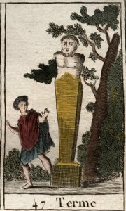 Znázornění boha Terme ve formě terminálu k označení majetku a pozemků. (Reprezentace boha terminus, jako kamenný terminál země a majetku). Z „Mytologie mládí“ od Pierra Blancharda 1803. od French School