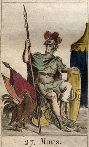 Znázornění boha války Marse, zbraň, poblíž kohouta. (The God of War Mars vyzbrojený hřebem). Z „Mytologie mládí“ od Pierra Blancharda 1803. od French School
