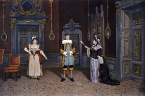 Reprezentace díla „Les femmes savantes““ od Jeana Baptista Poquelina dit Moliere (1622-1673) v Comedie francaise kolem 1885-1890. Zleva doprava: paní Rachel Boyer, pan Leloir, paní Blanche Pierson od French School