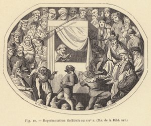Divadelní představení ve 14. století, paní de la Bibl nat (rytina) od French School