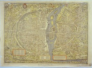 Reprodukce Basilejské mapy Paříže, původně vytvořené v letech 1552-59