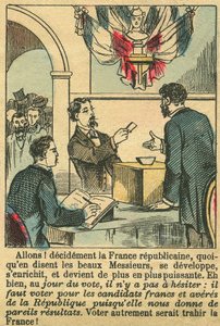 Republikánská Francie si zasloužila hlasy Francouzů. Rytina v příloze "Le Figaro", 30. března 1889, Paříž. Sb. Selva. od French School