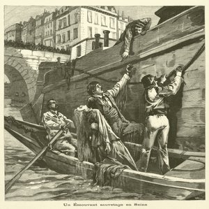 Záchrana ženy z řeky Seiny v Paříži (rytina) od French School