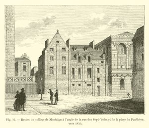 Pozůstatky vysoké školy Montaigu na rohu rue des Sept-Voies a Place du Pantheon, kolem roku 1850 od French School