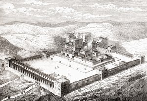 Obnovený Druhý chrám, který nahradil Šalamounův chrám, Jeruzalém, z knihy Les Merveilles de la Science, vyd. 1870. od French School