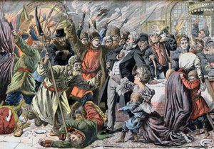 Revoluce 1905 - Revoltující ruští rolníci napadli venkovské sídlo. Jacquerie v ruských provinciích. Invaze hradu ruskými rolnickými povstáními. Ilustrace pro Le petit Journal, 2. dubna 1905. od French School