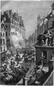 Revoluce 1830: boj ve faubourg Saint Antoine. Rytina v „Historie papežů-králů-královen a císařů v průběhu staletí““ od Maurice Lachatre od French School