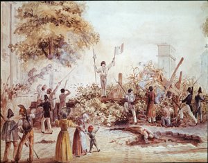 Červencová revoluce v Paříži - Barikáda na Boulevard Saint Martin 1. srpna (akvarel, cca 1830) od French School