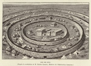 Ring des Huns. Prstencové opevnění chránící osadu Hunů (rytina) od French School