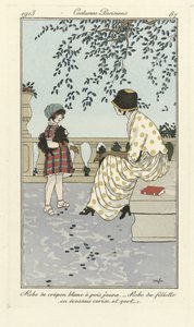 Bílé šaty Crépon se žlutými puntíky - Dívčí šaty s třešňovým a zeleným tartanem, z Costumes Parisien, pub.1913 (šablonový tisk) od French School
