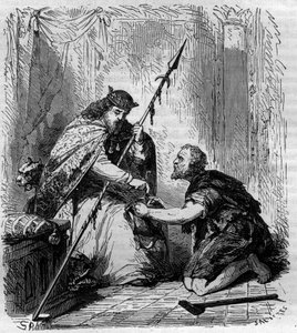 Robert II. zbožný (972-1031), francouzský král, rozdávající almony. Rytina v „Historie papežů-králů-královen a císařů v průběhu staletí““ od Maurice Lachatre od French School