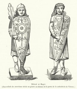 Roland a Roger, kamenné basreliéfy z devátého století nad dveřmi veronské katedrály (rytina) od French School