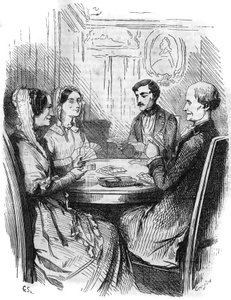 Římský seriál: „Hrabě Monte Cristo“ (Monte-Cristo) od Alexandra Dumase (1802-1870). Hra karet mezi čtyřmi postavami. Rytina do „“Les bons romances““ od French School