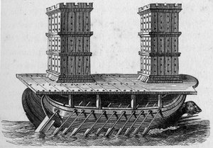 Římská loď a věže. Rytina v „La Marine et les colonies: commerce od French School