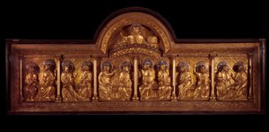 Románské umění: oltářní obraz Pentecote: antependium ve dřevě, mědi a smaltu. Ze Stavelotu (Meuse) Kolem 1160-1170. Paříž, Národní muzeum středověku, Thermes de Cluny od French School
