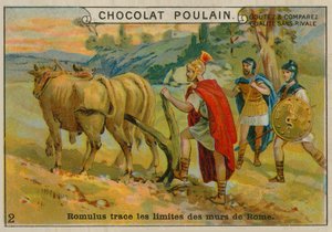 Romulus stanovující hranice Říma, vizitka Chocolat Poulain