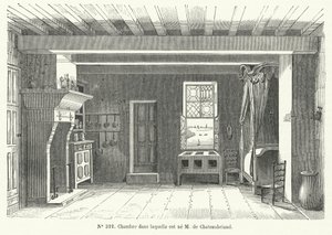 Pokoj v Hotel de France v St Malo v Bretani, ve kterém se narodil francouzský spisovatel a politik Francois-Rene de Chateaubriand (rytina) od French School