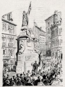 Rouen: členové Ligy vlastenců před sochou Johanky z Arc- kresba Paula Merwarta pro „“ vlajku – slavný monitor Ligy vlastenců“ – 1884 od French School