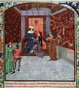Roy 15 E IV f.14 Edward IV přebírá knihu od autora, ze starých letopisů Anglie, od Jeana Batarda de Wavrin, kolem 1470-80 (vellum) od French School