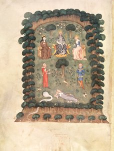 Roy 19 C IV f.298 Karel V. trůnící v zahradě s korunou a žezlem, z 