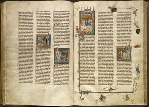 Royal 14 E. III, ff.88v-89 Lancelot vyjímá hlavu svého sťatého dědečka, krále, z vroucí studny; budova se hroutí na dva rytíře. Vpravo miniatura Artuše a Guinevery sedících na banketu z 