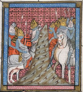 Royal 16 G. VI, f.317v Detail miniatury divize křižácké armády při přechodu hory, ilustrace z 