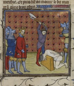 Royal 20 C. VII f.134v Vůdci povstání Jacquerie proti francouzské šlechtě sťatí na příkaz navarrského krále z „Chroniques de France ou de St Denis“ (inkoust, barva a zlato na pergamenu) od French School