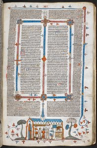 Royal MS 10 E IV f.211r, basdepage scéna komunikujících na mši, cca 1300-40 (pero & tuš a tempera na pergamenu) od French School